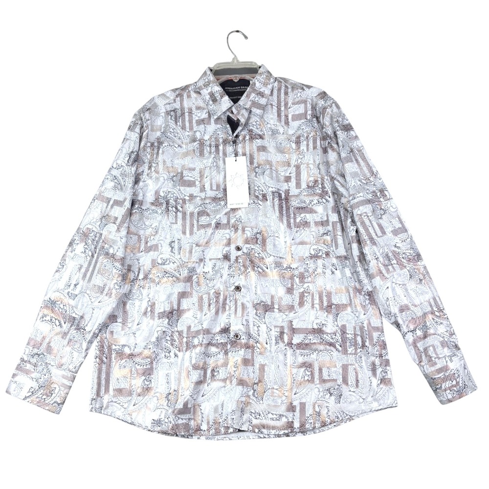 American Breed Mens L Silver Bronze Paisley Smart Shirt Metallic Button Down New